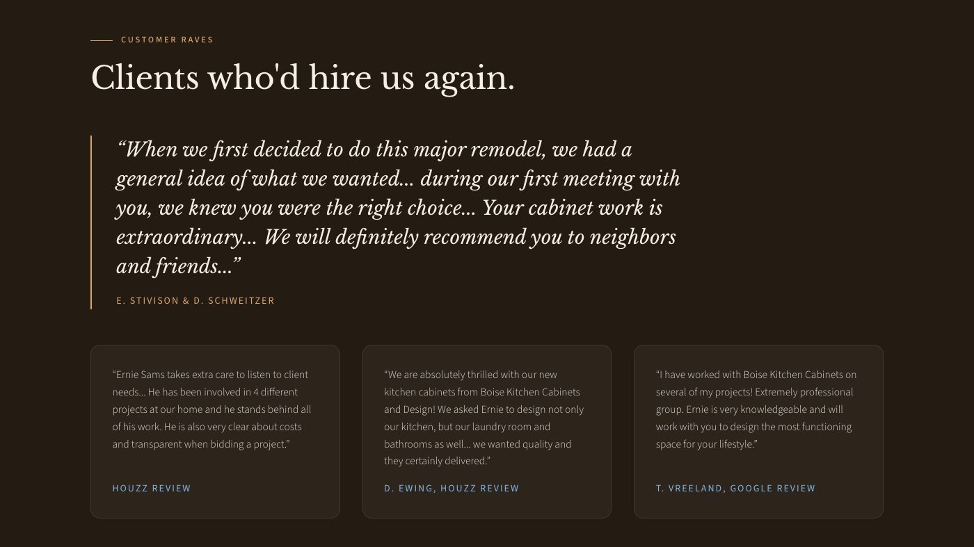 The customer raves section of the new homepage