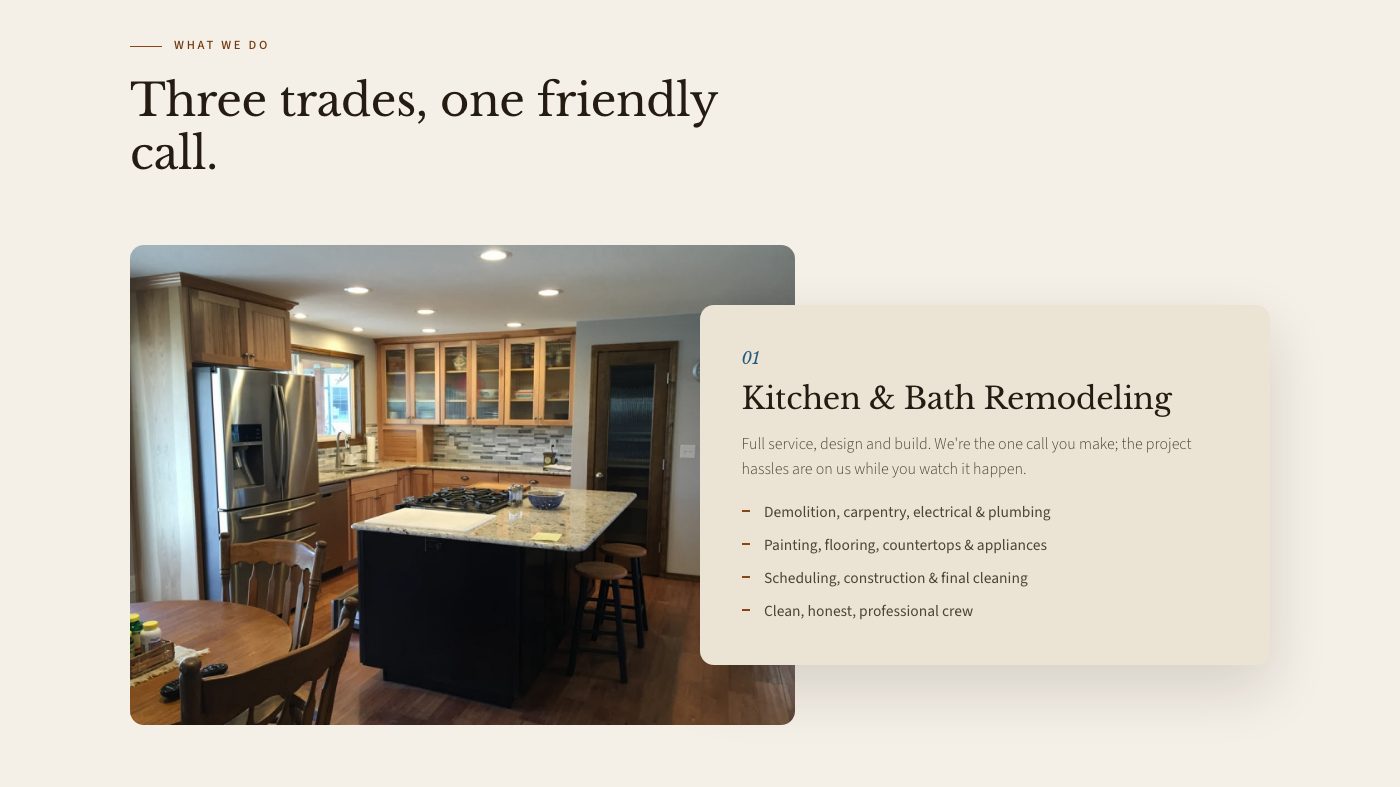 The services section of the new homepage